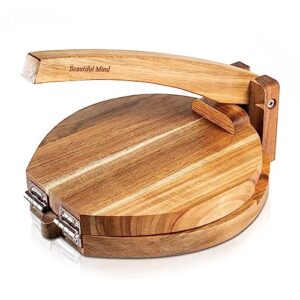 acacia wood tortilla press round 10" - ideal for tortillas, roti, pizza and quesadillas - tortilla maker press, pizza dough press, roti maker, quesadilla maker - durable, ergonomic and easy to use