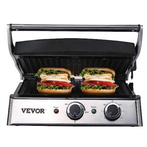 vevor electric contact grills, 1500w indoor countertop panini press griddle, sandwich maker with non stick,2 reversible iron cooking plates,0-446℉ adjustable temperature control,timer function,120v