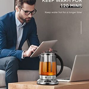 Electric Tea Kettle with 9 Presets, FOHERE Glass Kettle with Removable Infuser, 140℉ to 212℉ Precise Temperature Control, 1200W, 1.7L, Borosilicate Glass | Stainless Steel