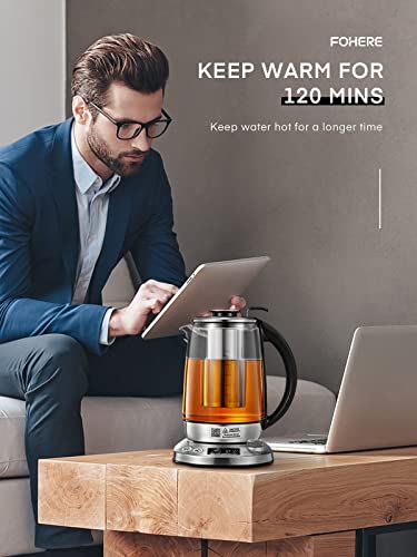 Electric Tea Kettle with 9 Presets, FOHERE Glass Kettle with Removable Infuser, 140℉ to 212℉ Precise Temperature Control, 1200W, 1.7L, Borosilicate Glass | Stainless Steel