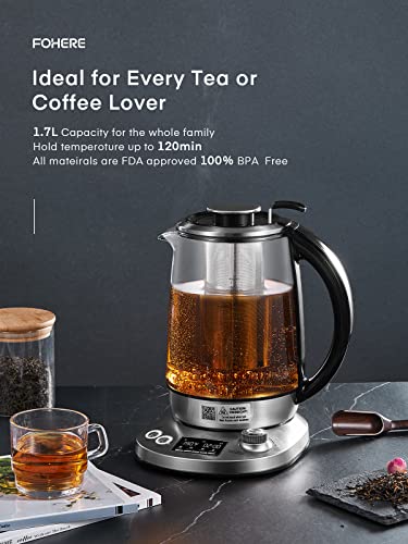 Electric Tea Kettle with 9 Presets, FOHERE Glass Kettle with Removable Infuser, 140℉ to 212℉ Precise Temperature Control, 1200W, 1.7L, Borosilicate Glass | Stainless Steel