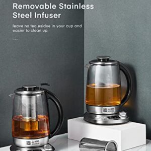 Electric Tea Kettle with 9 Presets, FOHERE Glass Kettle with Removable Infuser, 140℉ to 212℉ Precise Temperature Control, 1200W, 1.7L, Borosilicate Glass | Stainless Steel