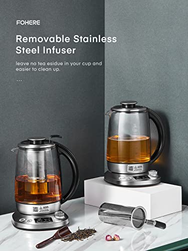 Electric Tea Kettle with 9 Presets, FOHERE Glass Kettle with Removable Infuser, 140℉ to 212℉ Precise Temperature Control, 1200W, 1.7L, Borosilicate Glass | Stainless Steel