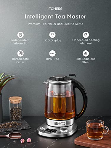 Electric Tea Kettle with 9 Presets, FOHERE Glass Kettle with Removable Infuser, 140℉ to 212℉ Precise Temperature Control, 1200W, 1.7L, Borosilicate Glass | Stainless Steel
