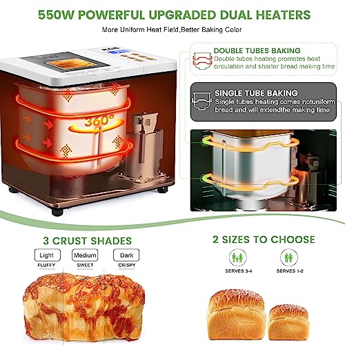 KBS 19-in-1 Compact Bread Machine with Dual-Heaters, 1.5LB Stainless Steel Auto Bread Maker with 2 Loaf sizes & 3 Crust Colors, Nonstick Pan, 15H Delay Timer & Keep Warm Set, Oven Mitt and Recipes