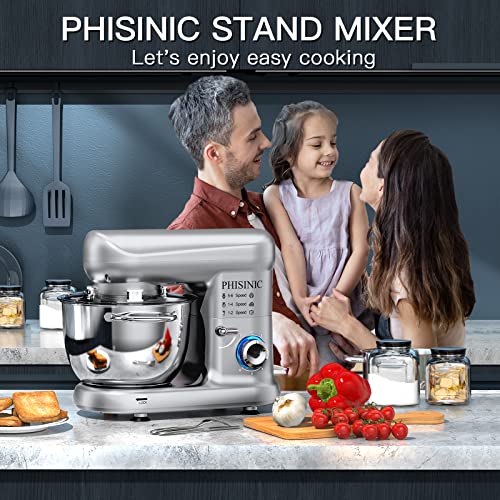 PHISINIC Stand Mixer, 5.8-QT 660W Electric Kitchen Mixer, 6-Speed Tilt-Head Household Stand Mixer, Kitchen Food Mixer with Dough Hook, Wire Whip and Beater, for Baking, Cake, Cookie, Kneading (Silver)