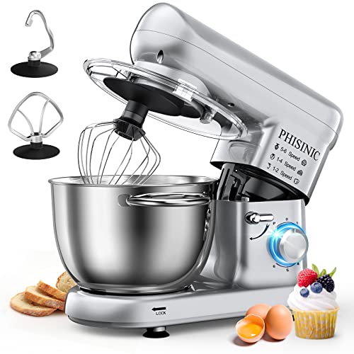 PHISINIC Stand Mixer, 5.8-QT 660W Electric Kitchen Mixer, 6-Speed Tilt-Head Household Stand Mixer, Kitchen Food Mixer with Dough Hook, Wire Whip and Beater, for Baking, Cake, Cookie, Kneading (Silver)