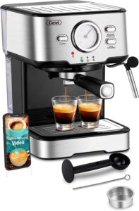 gevi espresso machine 15 bar pump pressure, cappuccino coffee maker with milk foaming steam wand for latte, mocha, cappuccino, 1.5l water tank （carbon black）