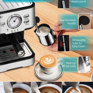 Gevi Espresso Machine 15 Bar Pump Pressure, Cappuccino Coffee Maker with Milk Foaming Steam Wand for Latte, Mocha, Cappuccino, 1.5L Water Tank （Carbon Black）