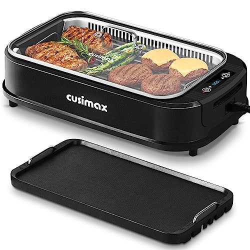 CUSIMAX Indoor Grill, Smokeless Grill Indoor, 1500W Korean BBQ Grill, Electric Grill Griddle with LED Smart Display & Tempered Glass Lid, Non-stick Removable Grill Plate & Griddle Plate, Black