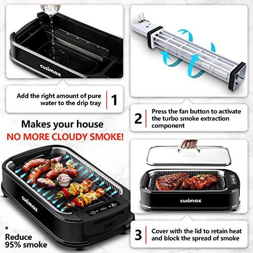 CUSIMAX Indoor Grill, Smokeless Grill Indoor, 1500W Korean BBQ Grill, Electric Grill Griddle with LED Smart Display & Tempered Glass Lid, Non-stick Removable Grill Plate & Griddle Plate, Black