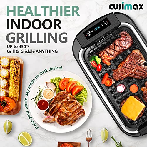 CUSIMAX Indoor Grill, Smokeless Grill Indoor, 1500W Korean BBQ Grill, Electric Grill Griddle with LED Smart Display & Tempered Glass Lid, Non-stick Removable Grill Plate & Griddle Plate, Black