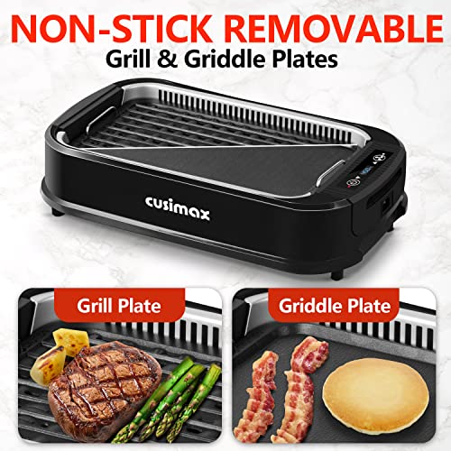 CUSIMAX Indoor Grill, Smokeless Grill Indoor, 1500W Korean BBQ Grill, Electric Grill Griddle with LED Smart Display & Tempered Glass Lid, Non-stick Removable Grill Plate & Griddle Plate, Black