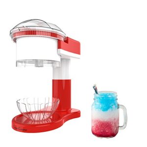 shaved ice maker- snow cone, italian ice, and slushy machine for home use, countertop electric ice shaver/chipper with cup by classic cuisine, red/white