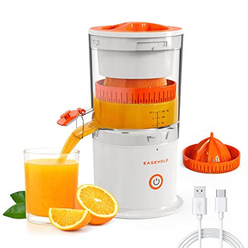 EASEHOLD Electric Citrus Juicer, Portable Juicer Rechargeable with 2 Juicer Cones and USB, Orange Juice Squeezer for Lemon, Lime, Grapefruit - Automatic Electric Fruit Juicer Machine Hands-Free, 1-Button Easy Press