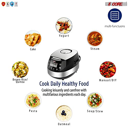 5 Core 5.3Qt Asian Rice Cooker Digital Programmable 15-in-1 Ergonomic Large Touch Screen Electric Multi Cooker Slow Cooker Steamer Pot Warmer 11 Cups 24 Hour Delay Timer Auto Keep Warm Feature RC 0501