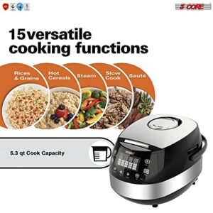 5 Core 5.3Qt Asian Rice Cooker Digital Programmable 15-in-1 Ergonomic Large Touch Screen Electric Multi Cooker Slow Cooker Steamer Pot Warmer 11 Cups 24 Hour Delay Timer Auto Keep Warm Feature RC 0501