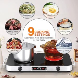 VBGK Electric Cooktop, 120V Induction Cooktop with 2 Burners, Electric Stove Top with Knob Control, 2200W Countertop Burners 9 Power Levels, Child Safety Lock and 99 MinTimer