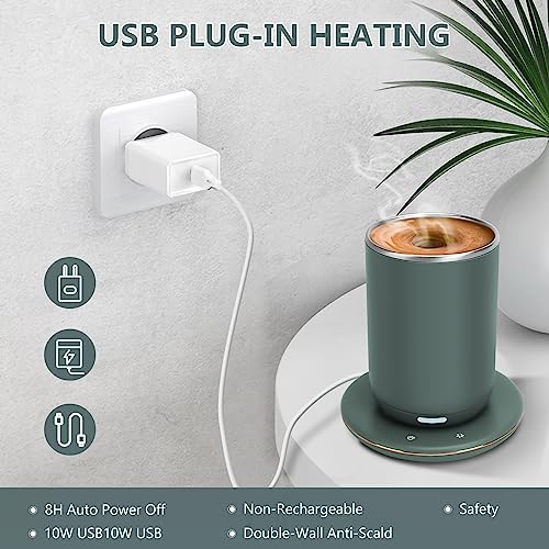 Temperature Control Smart Mug with Lid, Coffee/Tea Mug Warmer - Self Stirring, 11oz, Auto Temperature Control 131℉, USB Corded Electric, 8 Hours Auto Shut Off (Dark Green)