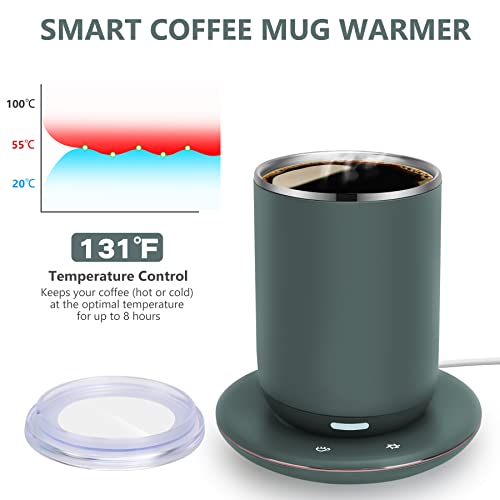 Temperature Control Smart Mug with Lid, Coffee/Tea Mug Warmer - Self Stirring, 11oz, Auto Temperature Control 131℉, USB Corded Electric, 8 Hours Auto Shut Off (Dark Green)