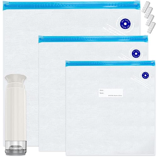 Sous Vide Bags,20pcs Reusable Vacuum Sealer Bags Kit,15 Mixed Sizes BPA Free Zipper Bags for Food,4 Sealing Clips,1 Hand Pump for Food Storage and Sous Vide Cooking