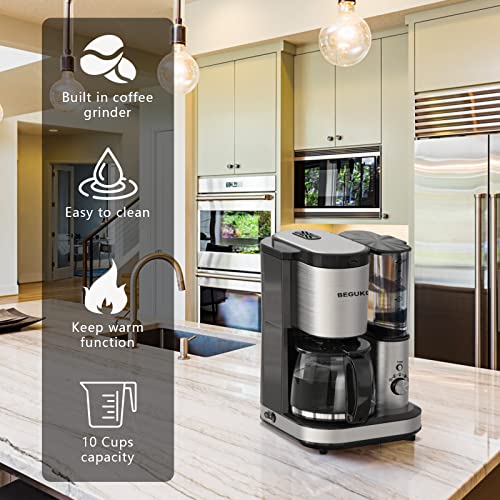 Grind & Brew 10 Cup Coffeemaker Automatic Coffee Maker with Grinder Built in Coffee Machine with Grinder Mill and Brew Coffeemaker with Glass Carafe for Family Home Office Kitchen