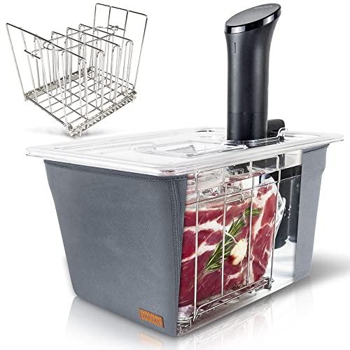 VÄESKE Sous Vide Container 12 Quarts with Lid, Sous Vide Rack & Insulating Sleeve | Neoprene Retains Heat | Compatible with Most Sous Vide Cookers Anova, Anova Nano, Joule, Instant Pot, Wancle (12 QT)