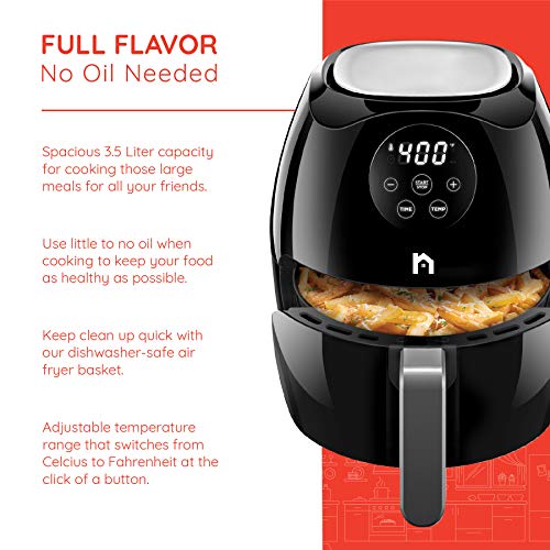 New House Kitchen Digital 3.5 Liter Air Fryer w/ Flat Basket, Touch Screen AirFryer, Non-Stick Dishwasher-Safe Basket, Use Less Oil For Fast Healthier Food, 60 Min Timer & Auto Shut Off, Black