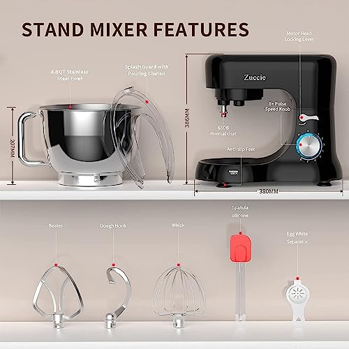 Stand Mixer, Zuccie 4.8QT Kitchen Electric Stand Mixer, 380W Motor Power Food Mixer, 8+P-Speed Dough Mixer with Dough Hook, Wire Whip & Beater, Black