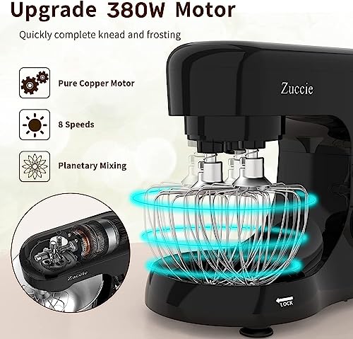 Stand Mixer, Zuccie 4.8QT Kitchen Electric Stand Mixer, 380W Motor Power Food Mixer, 8+P-Speed Dough Mixer with Dough Hook, Wire Whip & Beater, Black