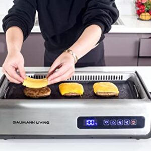 Baumann Living Indoor Smokeless Grill 1500W with Smart LED Touch Screen, Tempered Glass Lid, 2 Removable Ceramic Nonstick Grill & Griddle Plate, in a Sleek Design with Brush Chrome Finish..