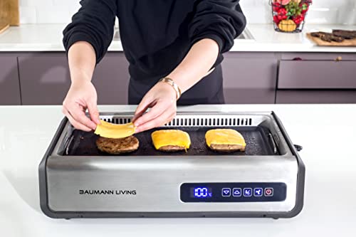 Baumann Living Indoor Smokeless Grill 1500W with Smart LED Touch Screen, Tempered Glass Lid, 2 Removable Ceramic Nonstick Grill & Griddle Plate, in a Sleek Design with Brush Chrome Finish..