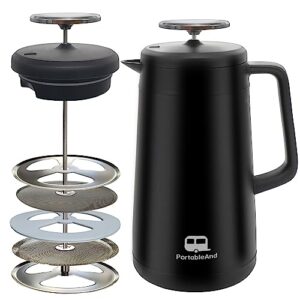 portableand 34oz double vacuum insulation large silicone french press coffee maker, 5-level filtration, metal stainless steel, matte black, perfect for camping, travel, and at-home use