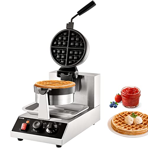 VEVOR Commercial Waffle Maker, 1300W Round Waffle Iron, Non-Stick Rotatable Waffle Baker Machine With 122-572℉ Temp Range and Time Control, Teflon-Coated Baking Pan Stainless Steel Body 120V