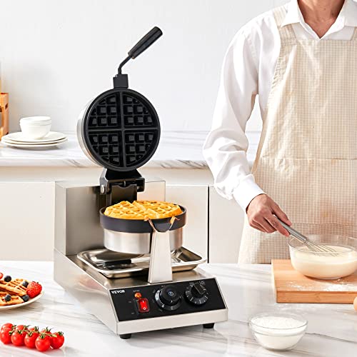 VEVOR Commercial Waffle Maker, 1300W Round Waffle Iron, Non-Stick Rotatable Waffle Baker Machine With 122-572℉ Temp Range and Time Control, Teflon-Coated Baking Pan Stainless Steel Body 120V