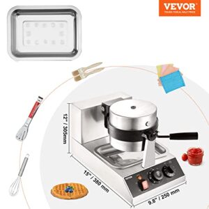 VEVOR Commercial Waffle Maker, 1300W Round Waffle Iron, Non-Stick Rotatable Waffle Baker Machine With 122-572℉ Temp Range and Time Control, Teflon-Coated Baking Pan Stainless Steel Body 120V