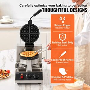 VEVOR Commercial Waffle Maker, 1300W Round Waffle Iron, Non-Stick Rotatable Waffle Baker Machine With 122-572℉ Temp Range and Time Control, Teflon-Coated Baking Pan Stainless Steel Body 120V