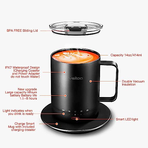 vsitoo S3pro Temperature Control Smart Mug 2 with Lid, Self Heating Coffee Mug 14 oz, 90 Min Battery Life - APP & Manual Controlled Heated Coffee Mug - Improved Design - Gifts for Coffee Lovers