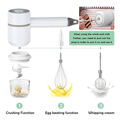 Suteng Electric Garlic Chopper, 3 IN 1 Rechargable Egg Beater Food Processor with 300ML Glass Container, Cordless Electric Blender for Kitchen Cooking Baking - White