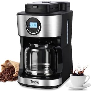 teglu coffee maker with grinder built in 12 cup, programmable grind and brew coffee machine all in one with warming plate, automatic drip coffee pot with 60-oz carafe bpa free, 950w, black-2023