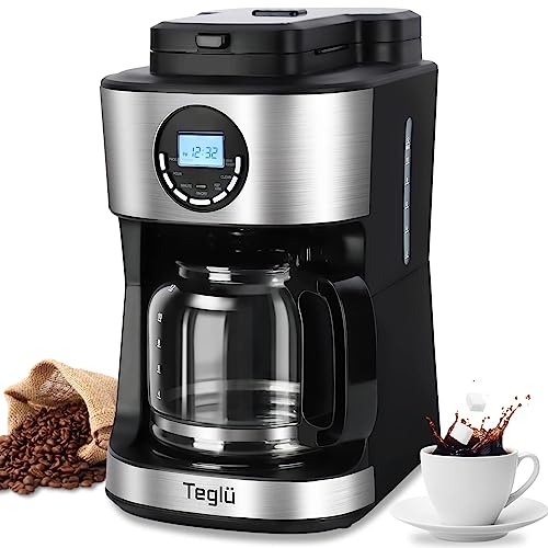 Teglu Coffee Maker with Grinder Built in 12 Cup, Programmable Grind and Brew Coffee Machine All in One with Warming Plate, Automatic Drip Coffee Pot with 60-oz Carafe BPA Free, 950W, Black-2023