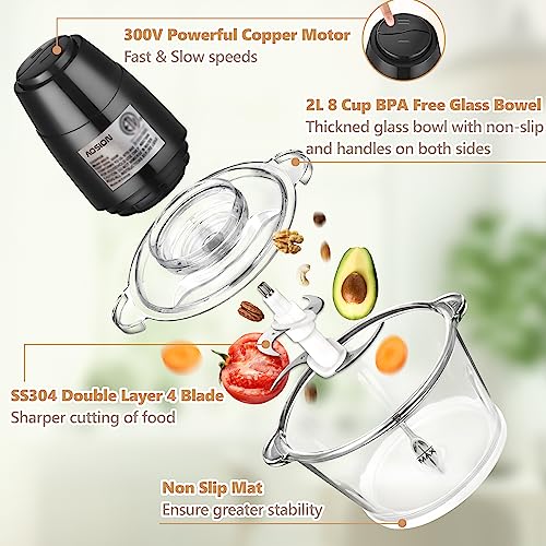 AOSION Electric Food Processor,8 Cup food Chopper,Vegetable Chopper & Meat grinder 350W with 2L Glass Bowl Grinder with 2 Speed for Baby Food/Meat/Fruits/Nuts.