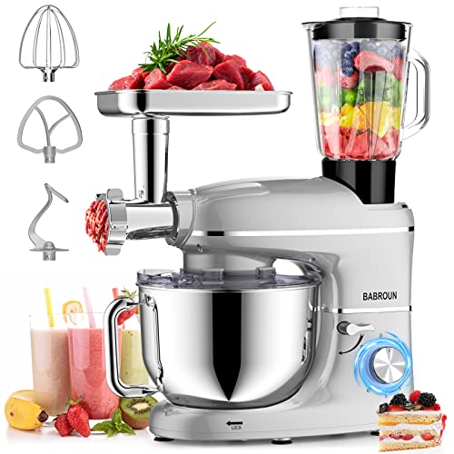 Stand Mixer, BABROUN 6 IN 1 Multifunctional Electric Kitchen Mixer with 6.5QT Stainless Steel Bowl, 1.5L Glass Jar, Meat Grinder, Dough Hook, Whisk, Beater, Noodle Mould, 6 Speeds Food Mixer for Baking Mixing