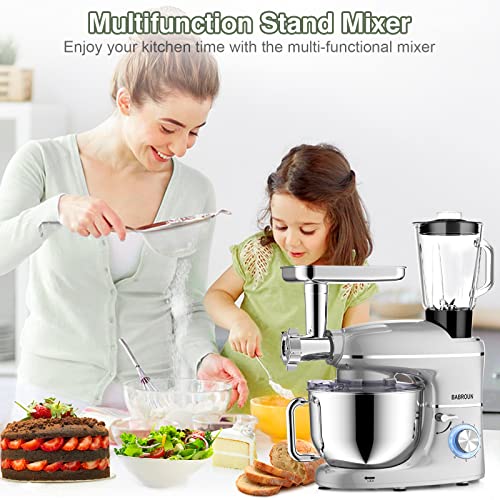 Stand Mixer, BABROUN 6 IN 1 Multifunctional Electric Kitchen Mixer with 6.5QT Stainless Steel Bowl, 1.5L Glass Jar, Meat Grinder, Dough Hook, Whisk, Beater, Noodle Mould, 6 Speeds Food Mixer for Baking Mixing