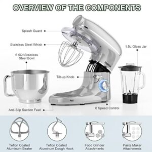 Stand Mixer, BABROUN 6 IN 1 Multifunctional Electric Kitchen Mixer with 6.5QT Stainless Steel Bowl, 1.5L Glass Jar, Meat Grinder, Dough Hook, Whisk, Beater, Noodle Mould, 6 Speeds Food Mixer for Baking Mixing