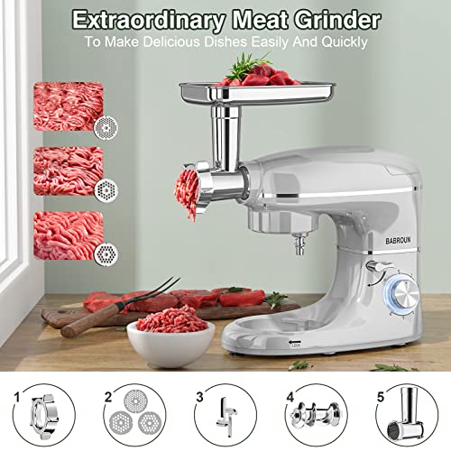 Stand Mixer, BABROUN 6 IN 1 Multifunctional Electric Kitchen Mixer with 6.5QT Stainless Steel Bowl, 1.5L Glass Jar, Meat Grinder, Dough Hook, Whisk, Beater, Noodle Mould, 6 Speeds Food Mixer for Baking Mixing