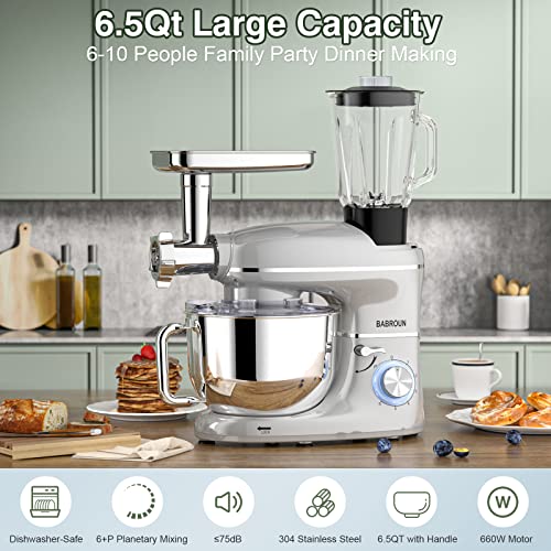 Stand Mixer, BABROUN 6 IN 1 Multifunctional Electric Kitchen Mixer with 6.5QT Stainless Steel Bowl, 1.5L Glass Jar, Meat Grinder, Dough Hook, Whisk, Beater, Noodle Mould, 6 Speeds Food Mixer for Baking Mixing