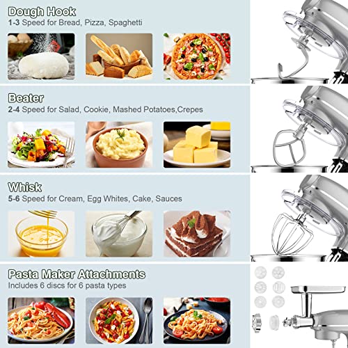 Stand Mixer, BABROUN 6 IN 1 Multifunctional Electric Kitchen Mixer with 6.5QT Stainless Steel Bowl, 1.5L Glass Jar, Meat Grinder, Dough Hook, Whisk, Beater, Noodle Mould, 6 Speeds Food Mixer for Baking Mixing