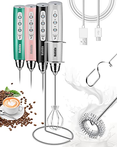 Nahida Handheld Milk Frother for Coffee with Stand， Rechargeable Drink Foam Mixer with 3 Heads 3 Speeds Electric Stirrers for Latte, Cappuccino, Hot Chocolate, Egg, Cord-Free