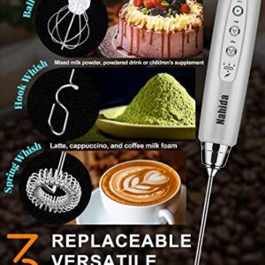 Nahida Handheld Milk Frother for Coffee with Stand， Rechargeable Drink Foam Mixer with 3 Heads 3 Speeds Electric Stirrers for Latte, Cappuccino, Hot Chocolate, Egg, Cord-Free